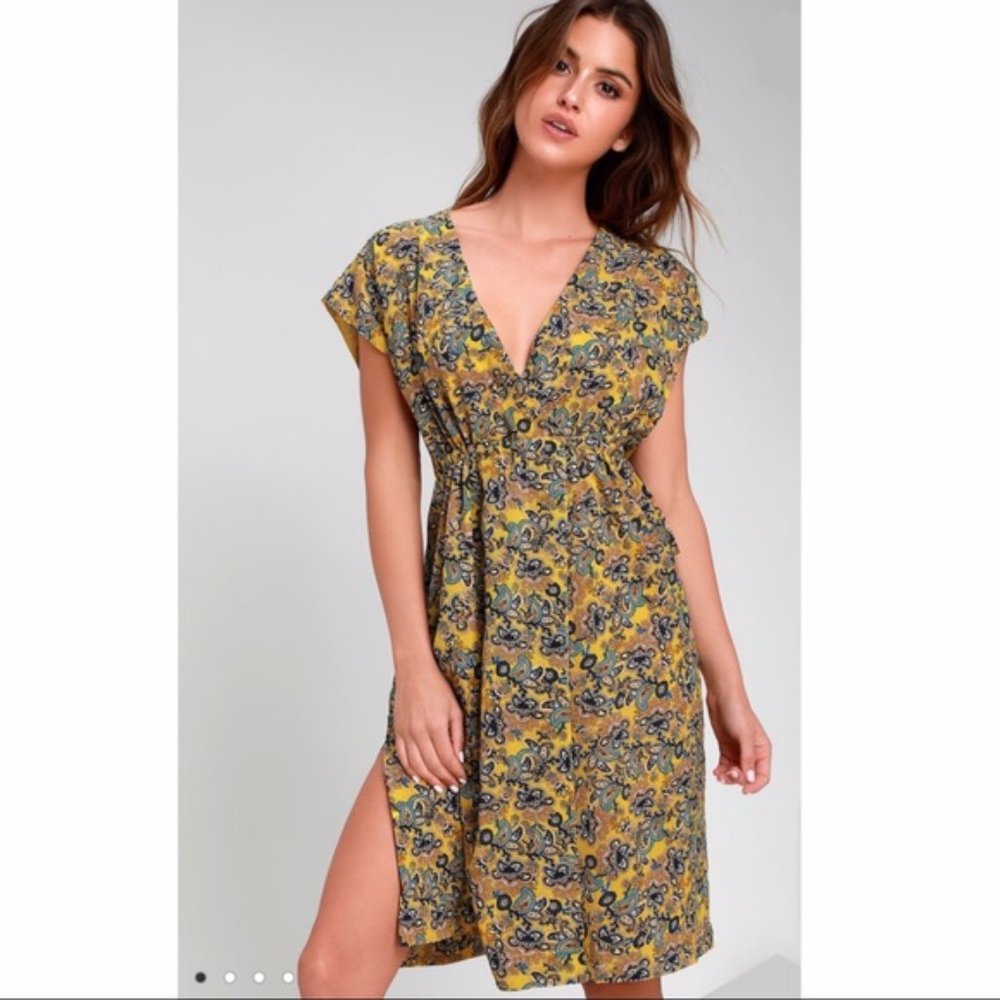 I. MADELINE PAISLEY FAUX WRAP DRAWSTRING DRESS L